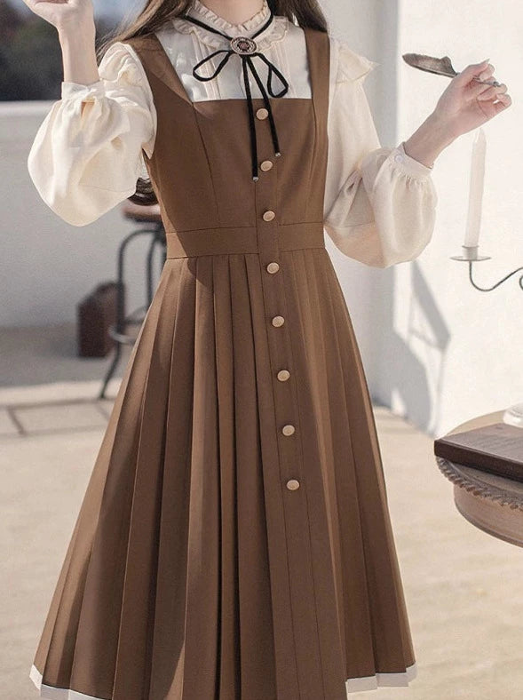 College retro stand collar ruffle shirt + pleated suspender dress + ribbon accessories