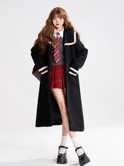 Black Contrast Sailor Collar Loose Long Wool Coat