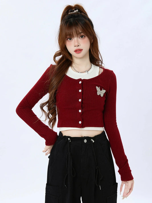 ENJOG 2024 New Red Knitted Crop Top Women's Spring Two Piece Design Sense Spice Girl Long Sleeve T-Shirt