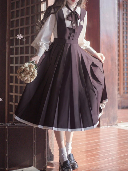 Retro Japanese sleeve knit cardigan + ruffle stand collar shirt + vest dress + ribbon + corsage