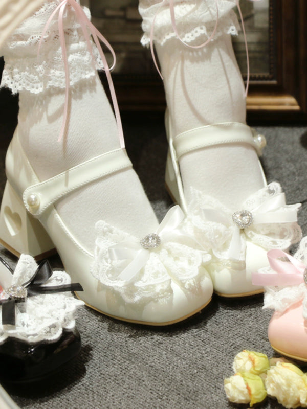 Lolita French Elegant Lace Ribbon Square Toe Love Heel Shoes