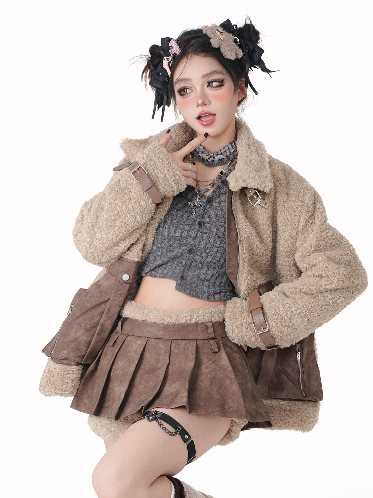 Brown Leather Belt Stand Collar Boa Jacket + Splicing Short Pleated Skirt