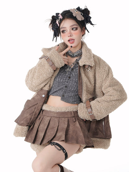 Brown Leather Belt Stand Collar Boa Jacket + Splicing Short Pleated Skirt