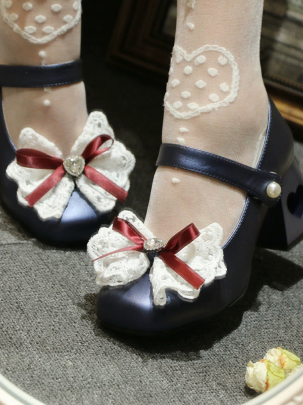 Lolita French Elegant Lace Ribbon Square Toe Love Heel Shoes