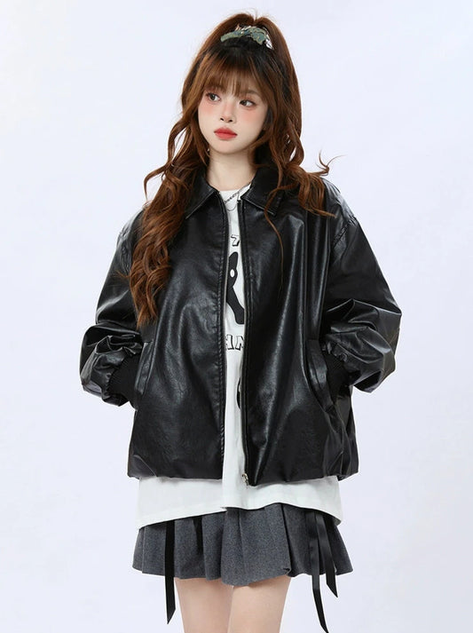 ENJOG American Street Black Leather Jacket Women's New Loose Niche Retro Versatile Casual Couple Jacket