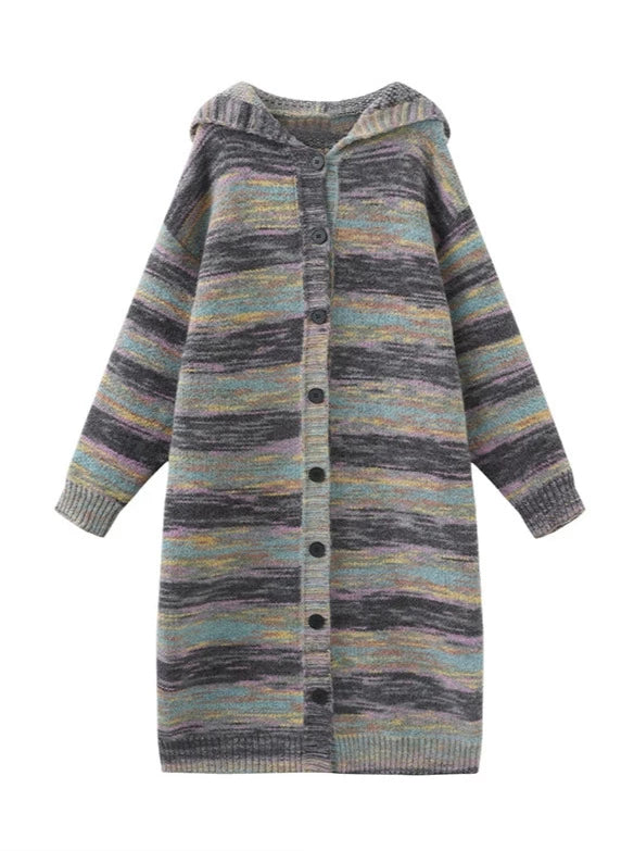 ストライプフードロングニットカーディガン