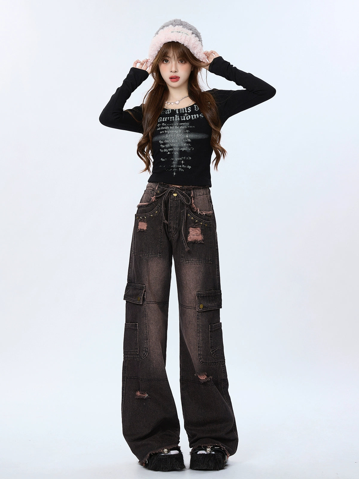 Retro Damaged Black Gradient Denim Cargo Pants