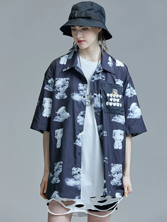 GUUKA Black Short Sleeve Shirt Hip Hop Couple Hyuna Storm Blossom Print Casual 5 Minute Sleeve Shirt Loose Fit