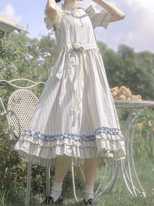 Sheer Lace Puff Sleeve Inner Shirt + Ruffled Shoulder Striped Fairy Dress + Handmade Corsage