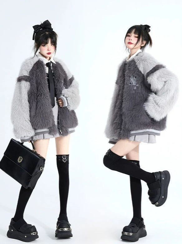 Gray Furry Contrast Collar Raglan Sleeve Fur Jacket