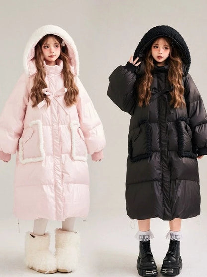 Boa Hoodie Sweet Ribbon Drawstring Long Down Coat