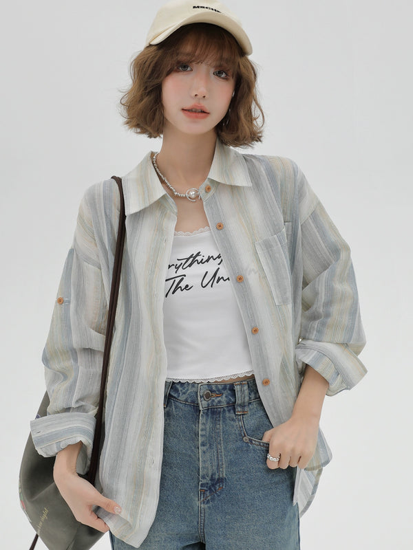Contrast collar striped loose shirt