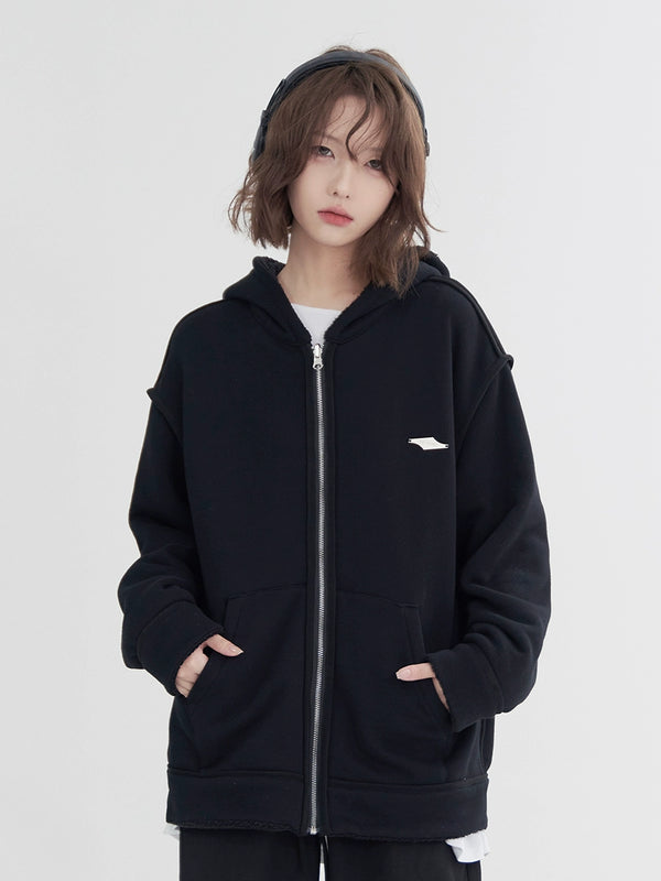 One Point Design Loose Hood Zip-Up Hoodie