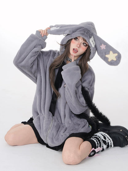 Star Catch Gray Bunny Ears Hood Loose Fur Jacket