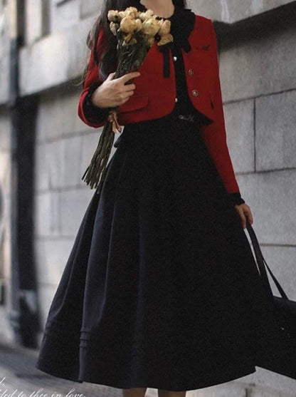 Retro Elegant Suit Red Short Jacket + Black Ruffle Lantern Sleeve Dress + Ribbon Tie