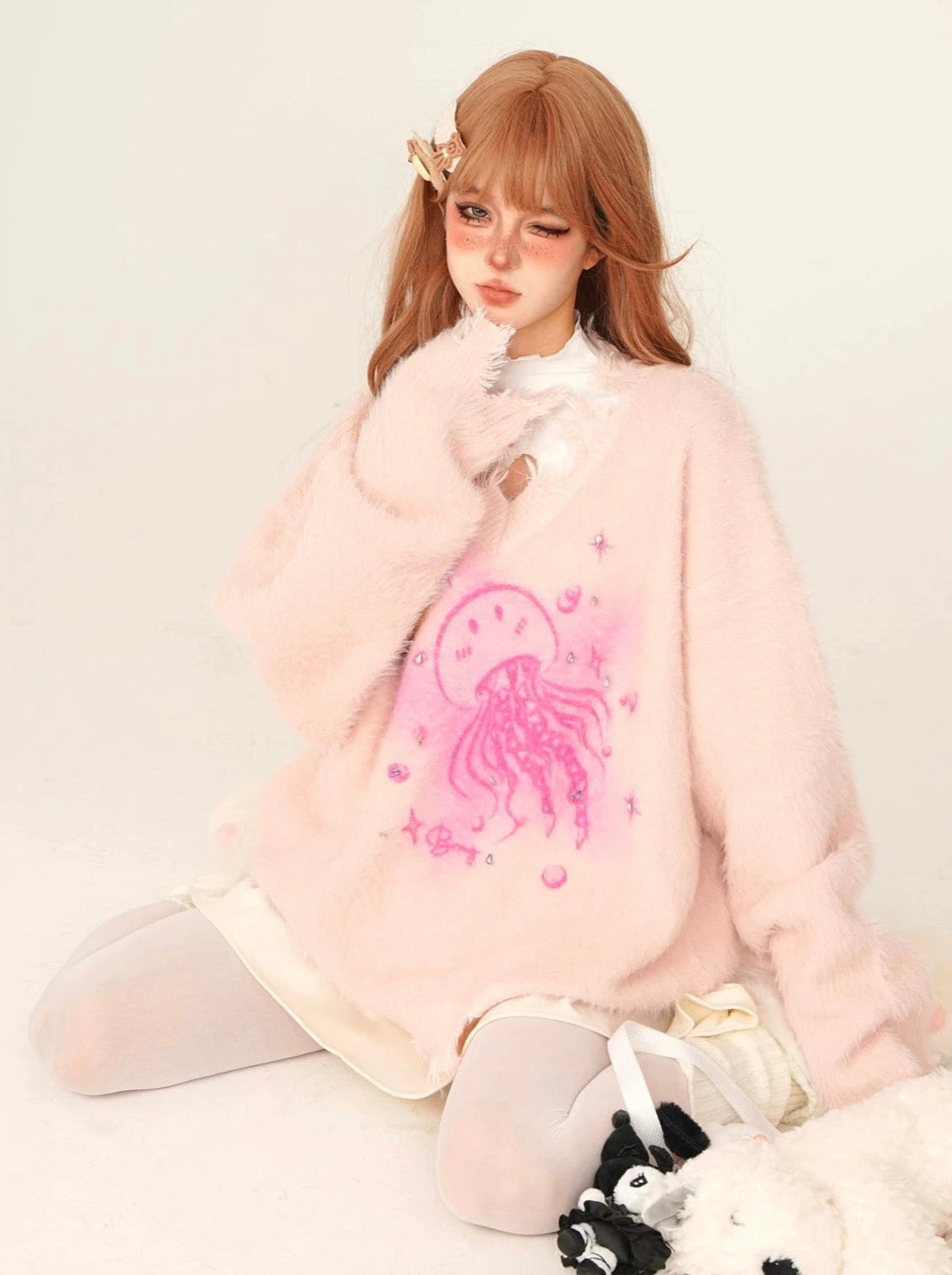 Sweet Girly Casual Style V-Neck Octopus Fur Knit