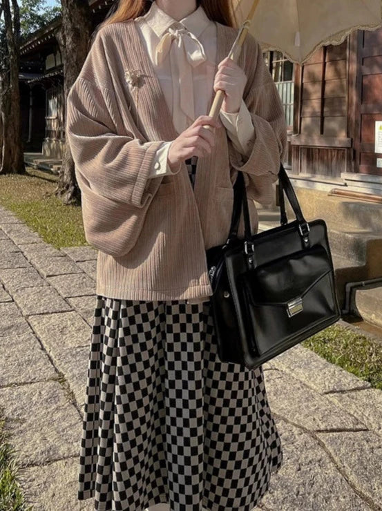 cherry note Showa retro feather jacket + chiffon ribbon shirt + checkered skirt + dark gray skirt + brooch