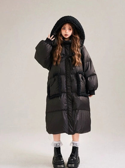 Boa Hoodie Sweet Ribbon Drawstring Long Down Coat