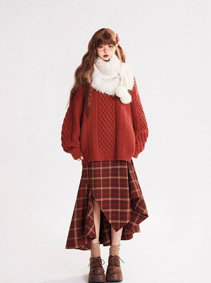 Red Check Skirt Retro Irregular Design A-Line Skirt