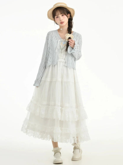 Fairy style openwork knit cardigan + camisole top + long cake skirt