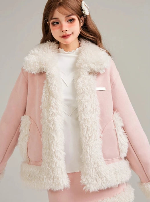 Pink Style Rich Fur Trim Jacket Skirt Suit