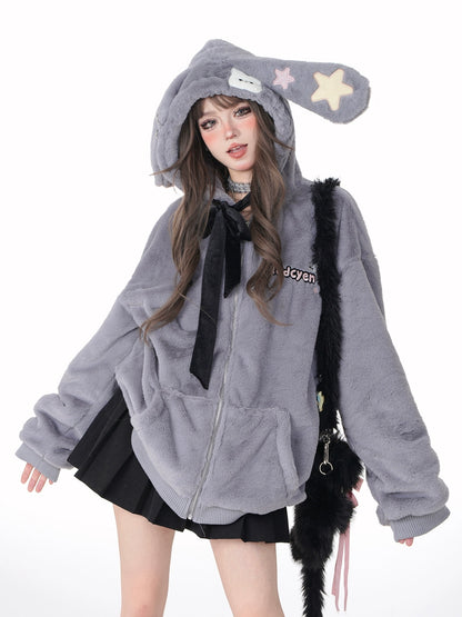 Star Catch Gray Bunny Ears Hood Loose Fur Jacket