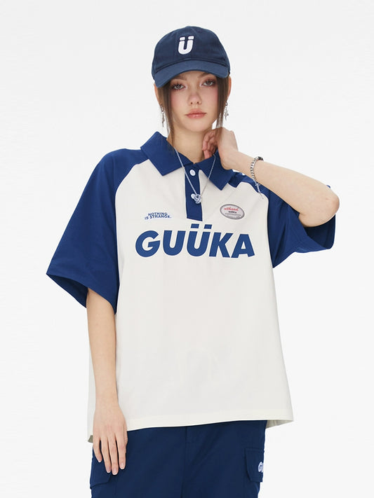 GUUKA 对比色拼接短袖女式新款厚T恤 纯棉美式坏学生情侣宽松马球衫