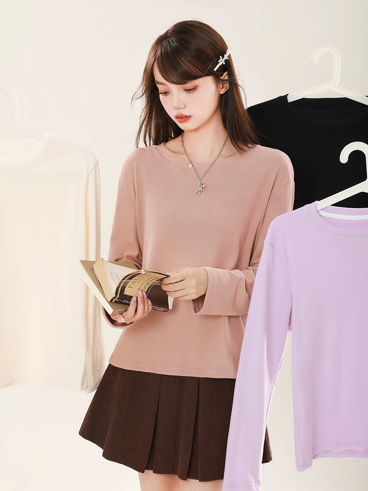 Loose Slim Colour Solid Round Neck Pullover Long T