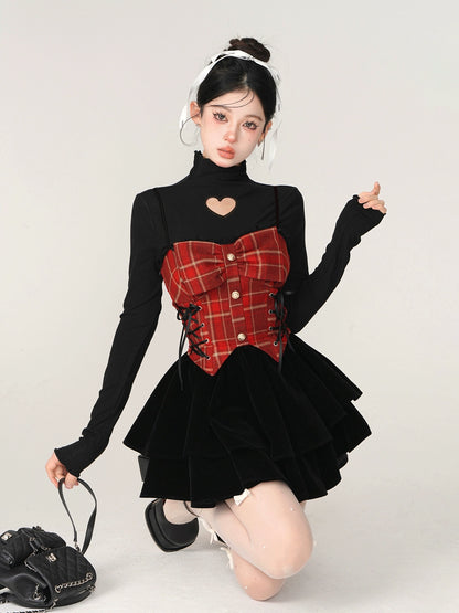 Check Side Lace-Up Skirt + Open Heart Knit [Reserved Item