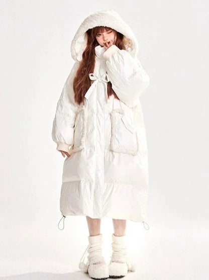 Boa Hoodie Sweet Ribbon Drawstring Long Down Coat