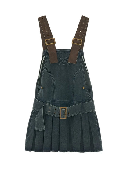 Leather Belted Logo Denim Pleated Suspender Skirt