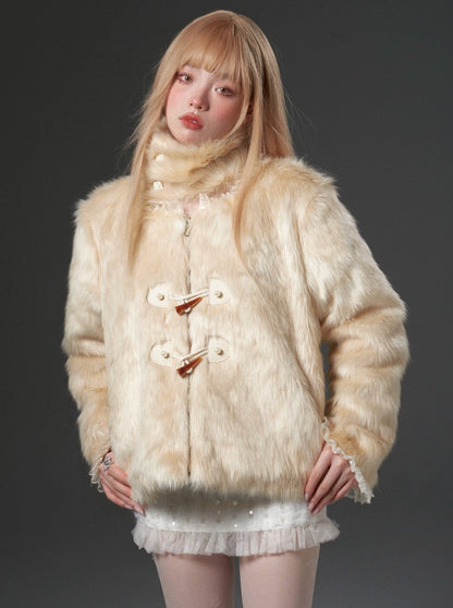 Gradient Beige Lace Stitching Horn Button High Collar Jacket