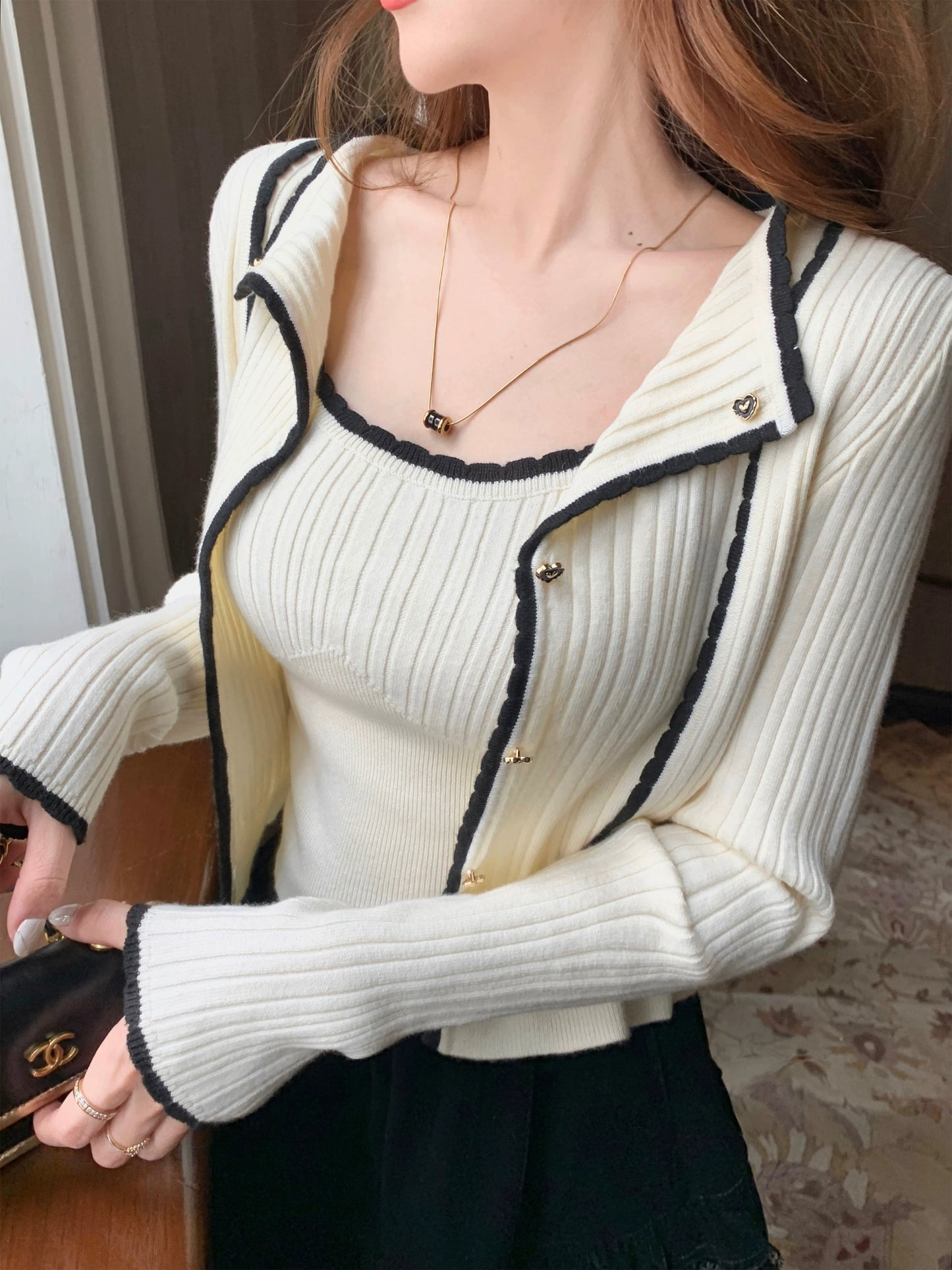 French knit cardigan + rib camisole