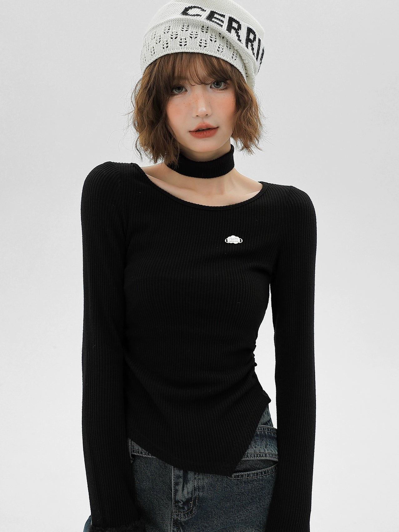 Fur Sleeve Mode Slim Long T + Neck Collar