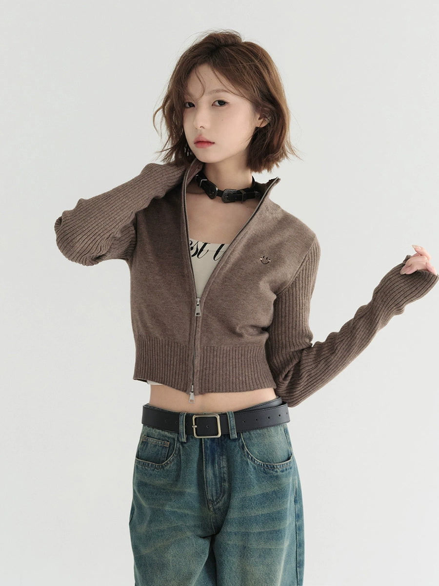 Short Stand Collar Knit Cardigan Top