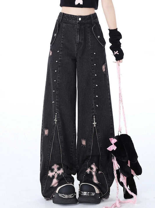 [2.10 limited time 95% off] original niche punk studded subculture sweet cool zipper high-waisted straight jeans