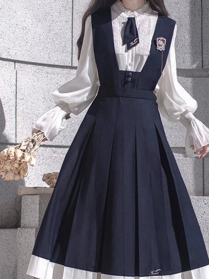 College Style Retro Elegant Ruffle Chiffon Blouse + Cyan Dress + Beret + Emblem + Tie