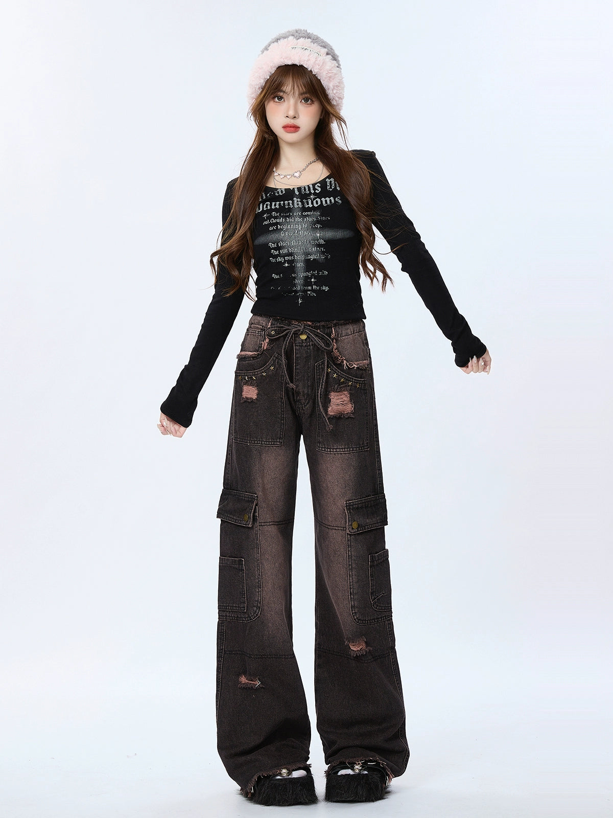 Retro Damaged Black Gradient Denim Cargo Pants