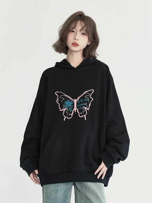 Gravity Museum Butterfly Print Hooded Sweatshirt Women's Spring and Autumn 2024 New Oversize Top
