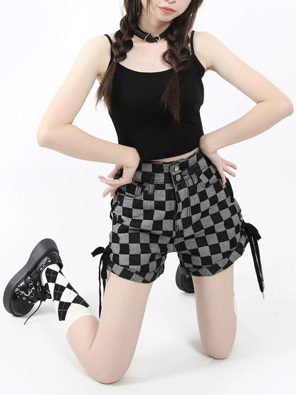 Maoyuan original [free format] checkerboard high waist denim wide leg cuffed shorts strappy women's summer cool