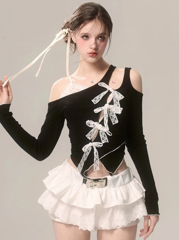 ブラックオフショルダーレースフェイクツーピースリボンアシメトップス