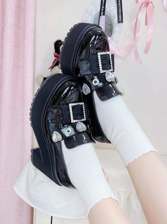 Jewel Pointed Toe Loafer Platform Shoes [Enamel Black Mat Black].