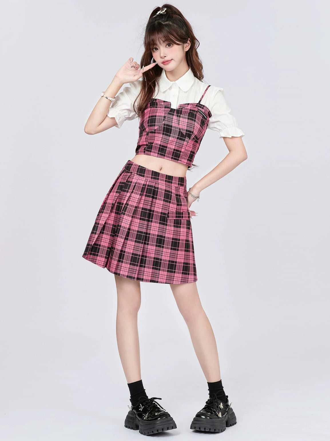 College Style Checked Suspender Top + Skirt