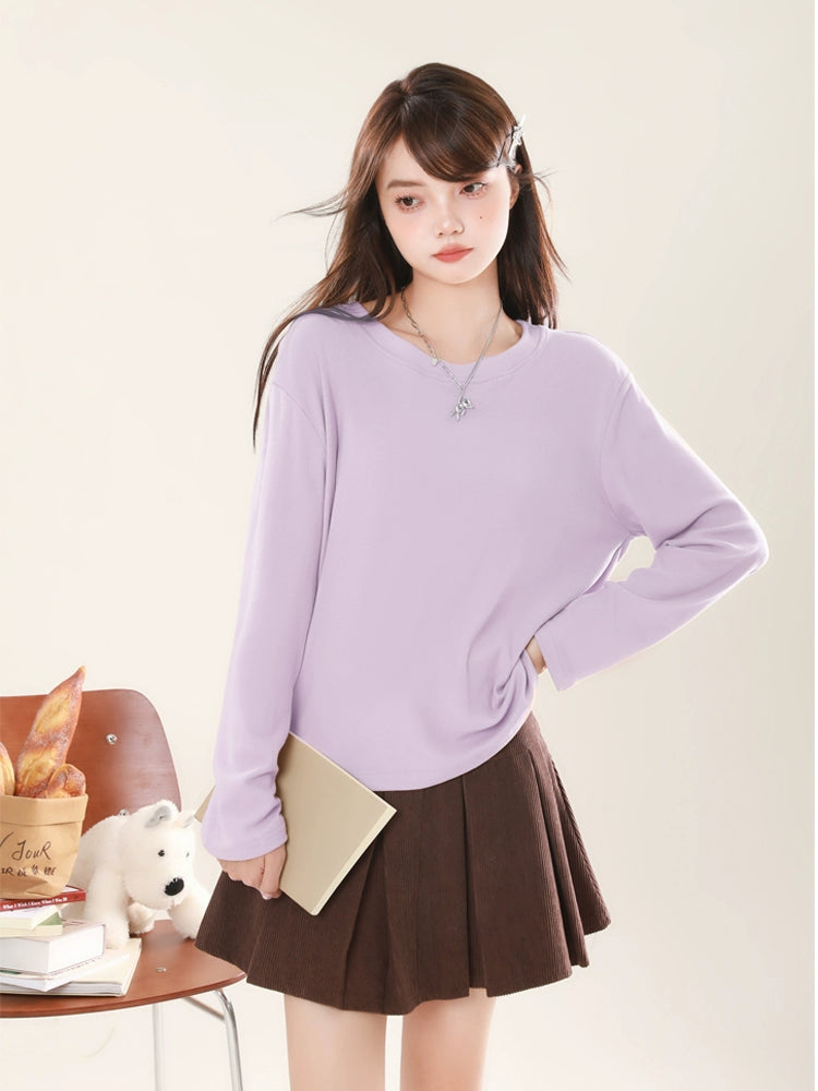 Loose Slim Colour Solid Round Neck Pullover Long T