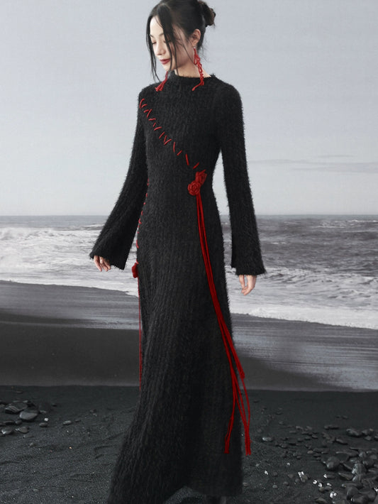 Dark Rose Black Red Contrast Bell Sleeve Irregular Knit Dress
