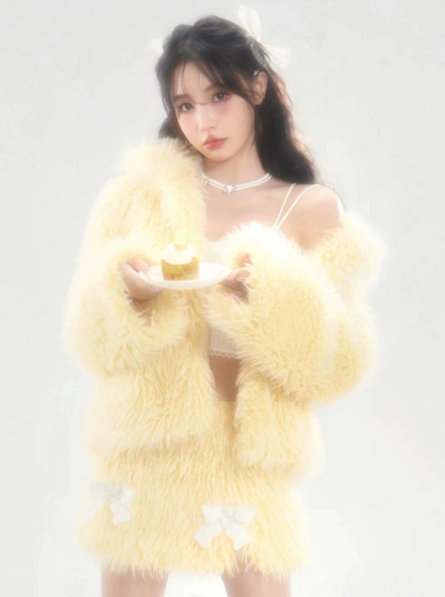 Milky Yellow Fur Coat + Fur Ribbon Skirt