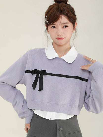 White shirt + ribbon design short sweatshirt sweatshirt