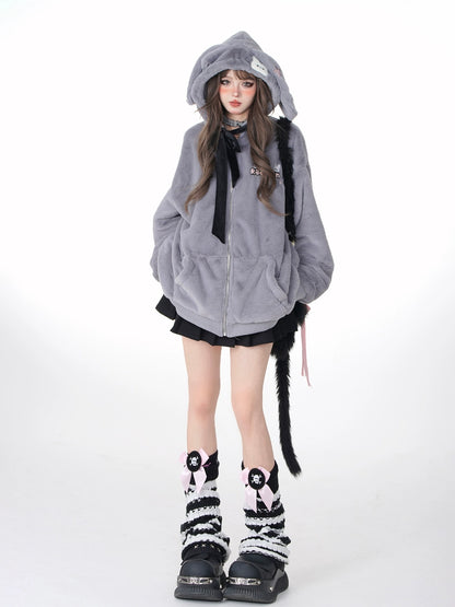 Star Catch Gray Bunny Ears Hood Loose Fur Jacket