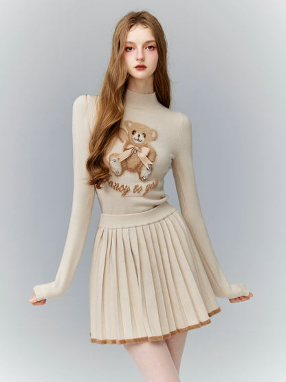 Sweet Bear Tight High Neck Tops + Pleated Skirt