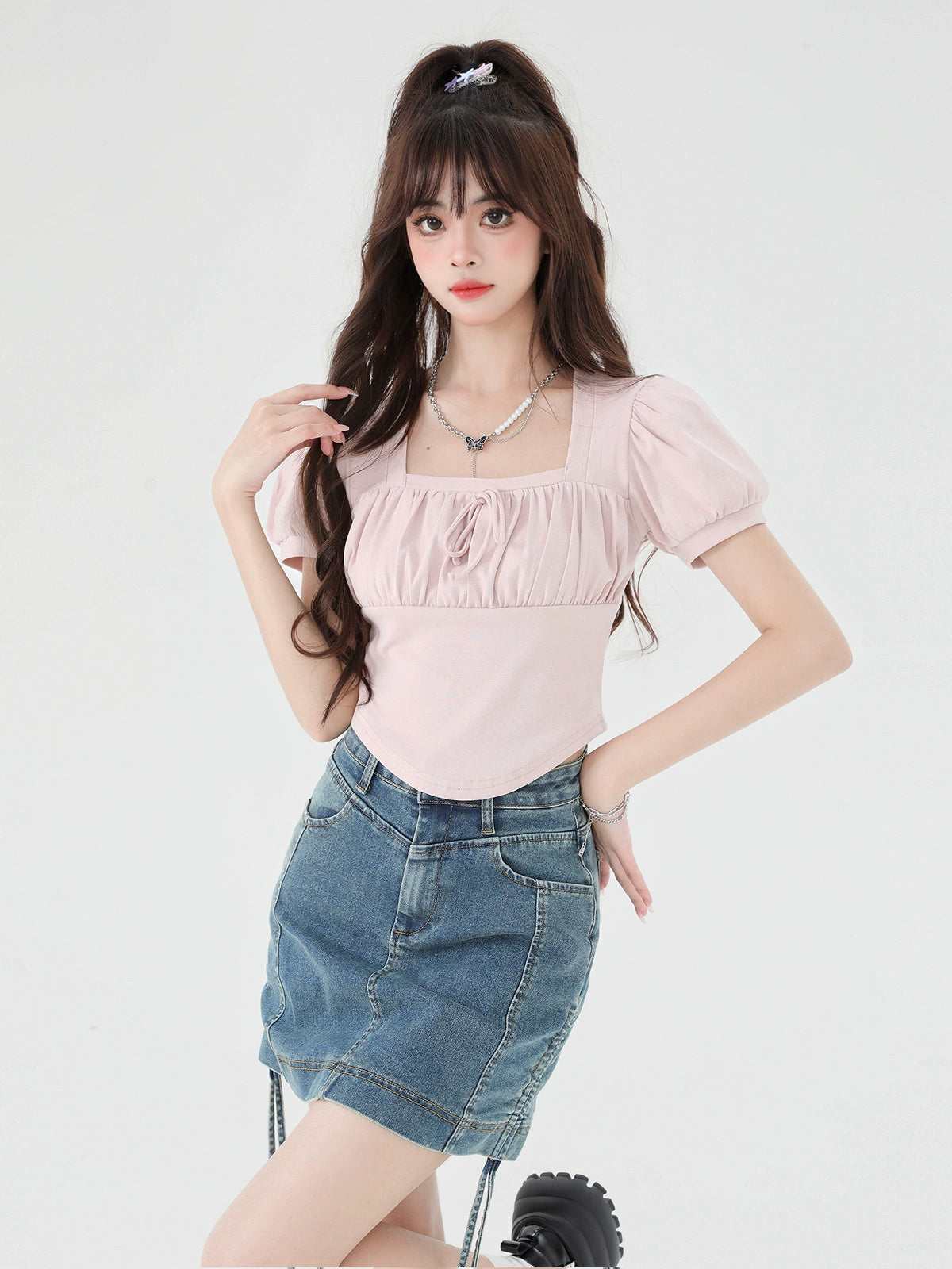 Puff Sleeve Square Neck Short Top